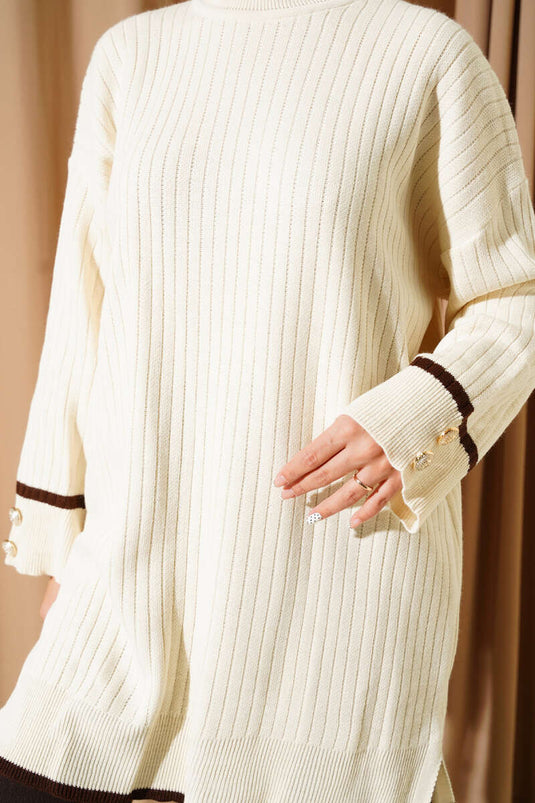 Ribbed Knit Tunic with Cuff Buttons in Stone