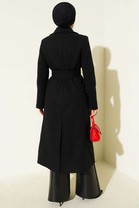 Bilek Düğmeli Kuşaklı Kaşe Kaban Siyah