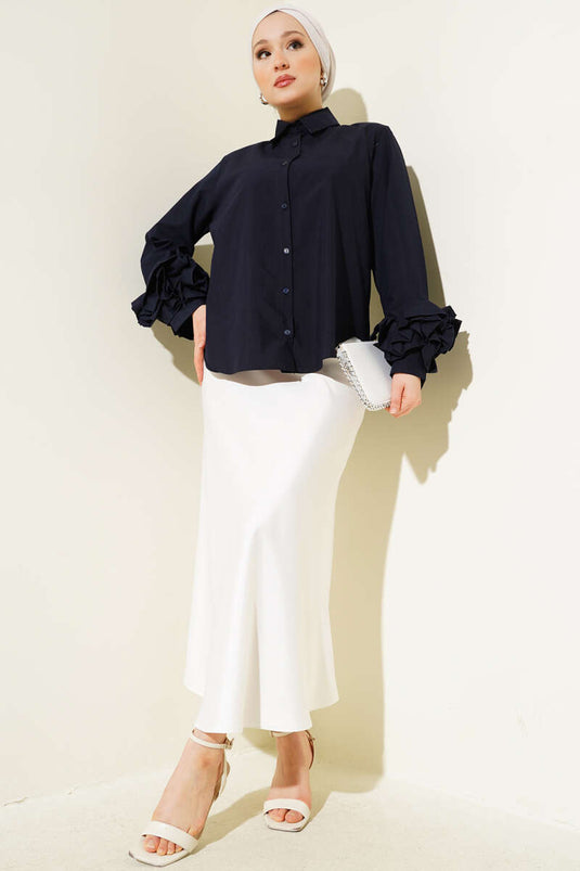 Short Shirt with Ankle Ruffle Navy Blue