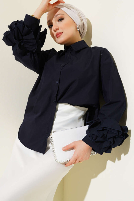 Short Shirt with Ankle Ruffle Navy Blue