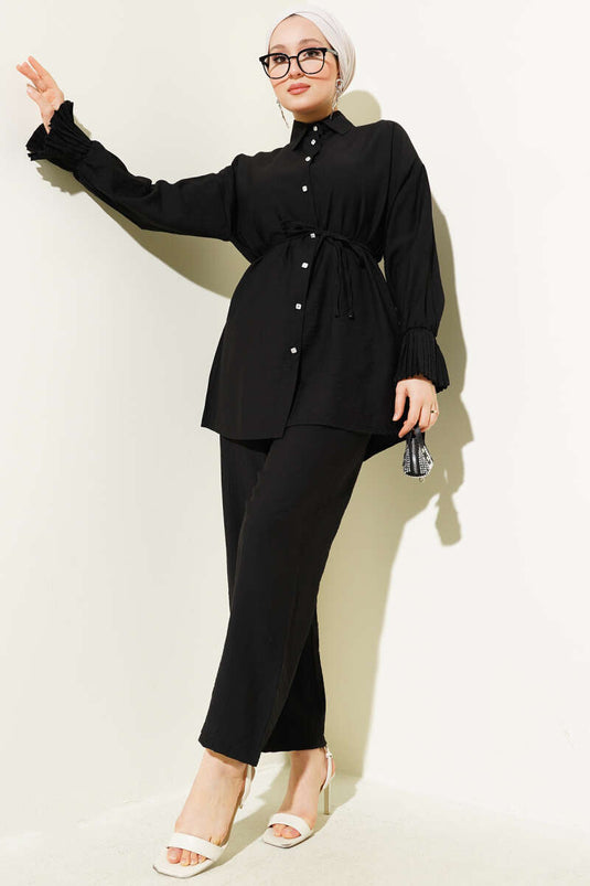 Bilek Fırfırlı Taş Düğmeli İkili Takım Siyah