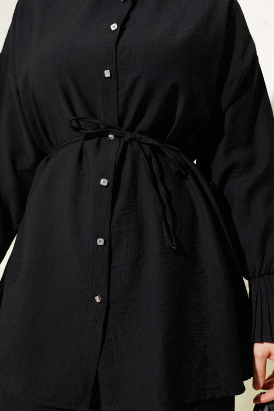 Bilek Fırfırlı Taş Düğmeli İkili Takım Siyah