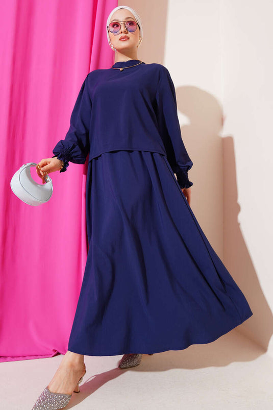 بدلة من قطعتين مع تنورة بطول الكاحل، أزرق داكن