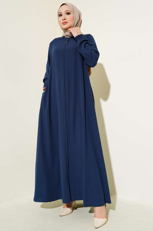 Abaya indigo grande taille avec poignets rembourrés et épaules nouées