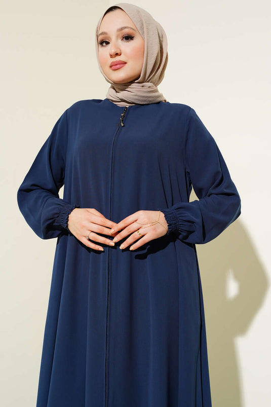 Abaya indigo grande taille avec poignets rembourrés et épaules nouées