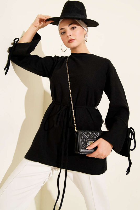 Wrist String Ribbed Cashmere Tunic Black