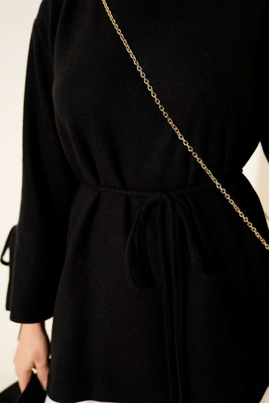 Wrist String Ribbed Cashmere Tunic Black