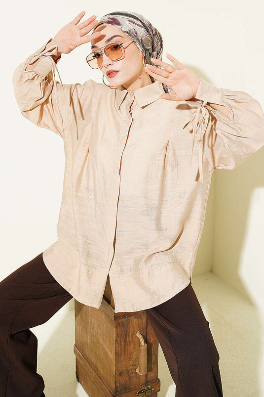 Oversize-Hemd mit gerafften Ärmeln und Kordeldetail, Beige