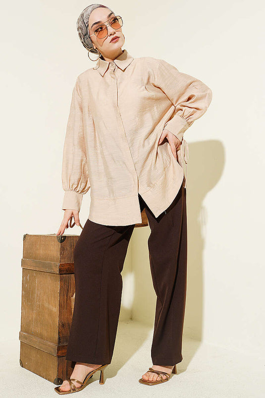 Oversize-Hemd mit gerafften Ärmeln und Kordeldetail, Beige