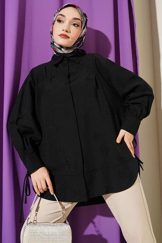 Oversize-Hemd mit gerafften Ärmeln, schwarz