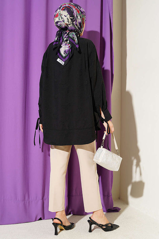 Oversize-Hemd mit gerafften Ärmeln, schwarz