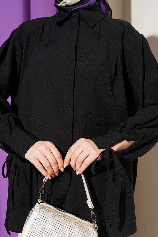 Oversize-Hemd mit gerafften Ärmeln, schwarz