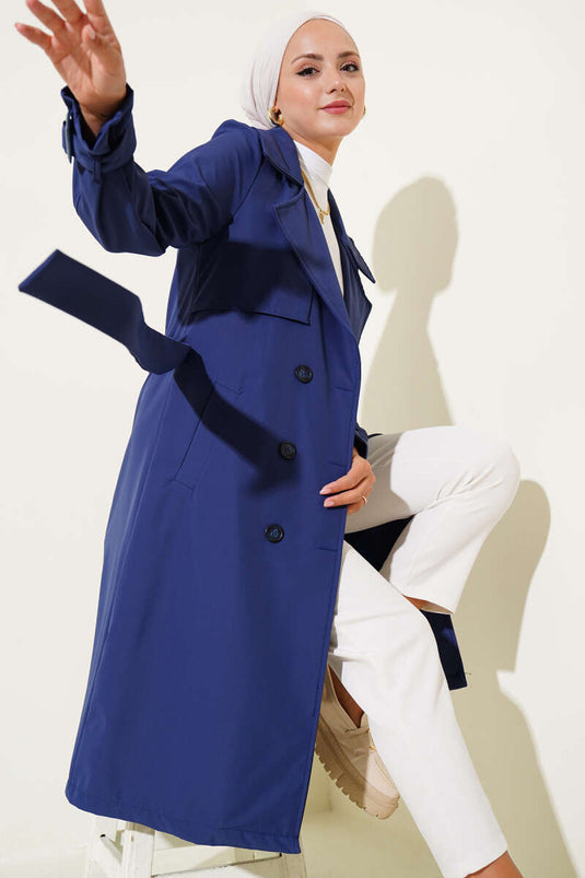Belted Trench Coat with Ankle Belt Navy Blue