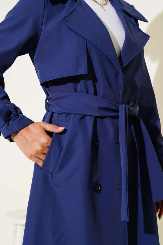 Belted Trench Coat with Ankle Belt Navy Blue