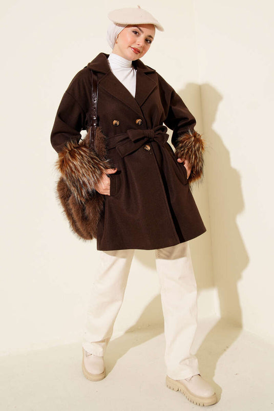 Ankle Fur-Trimmed Buttoned Cashmere Coat, Dark Brown