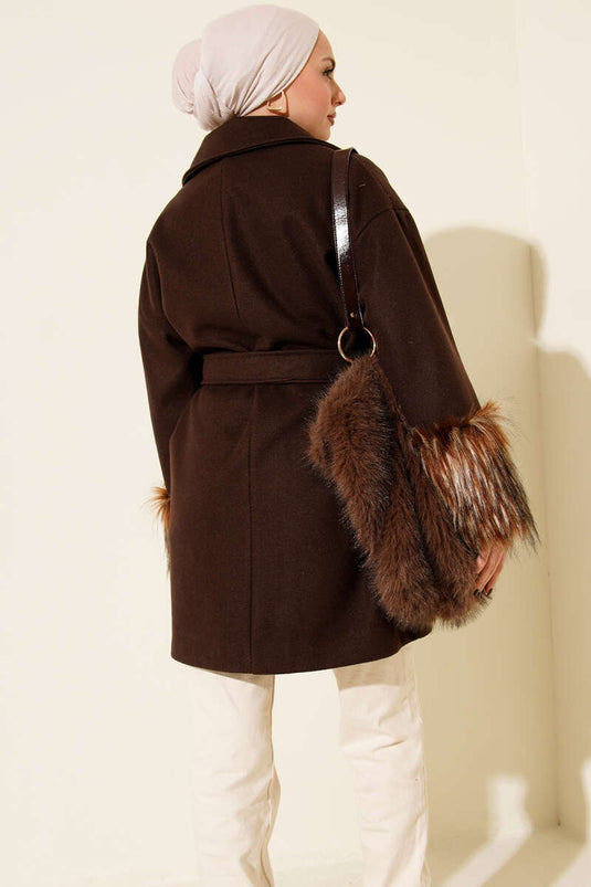 Ankle Fur-Trimmed Buttoned Cashmere Coat, Dark Brown