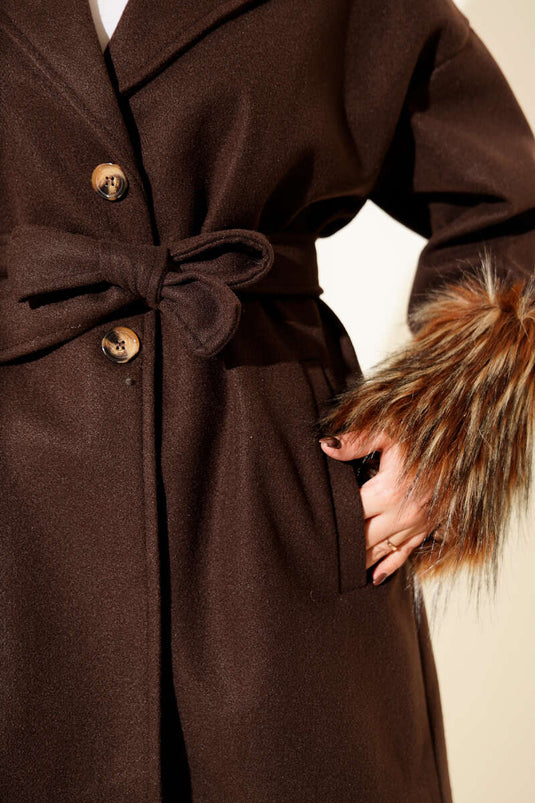 Ankle Fur-Trimmed Buttoned Cashmere Coat, Dark Brown