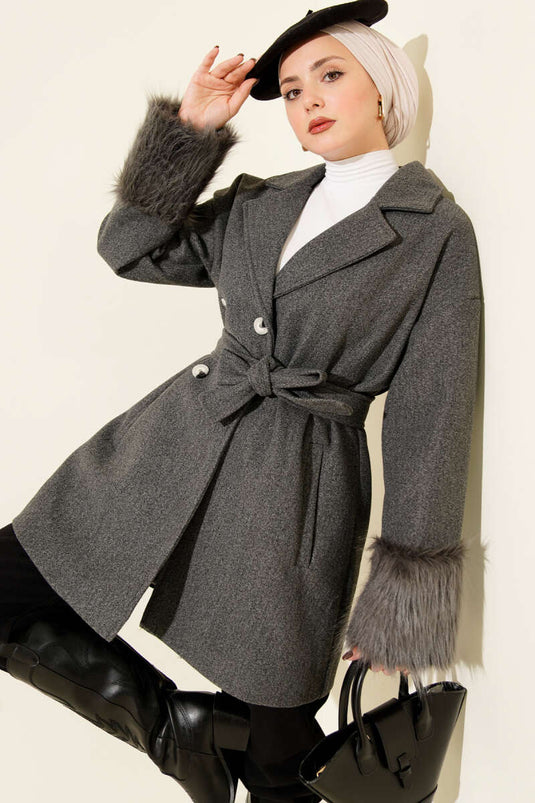 Fur-trimmed Ankle Buttoned Cashmere Coat, Smoke Grey