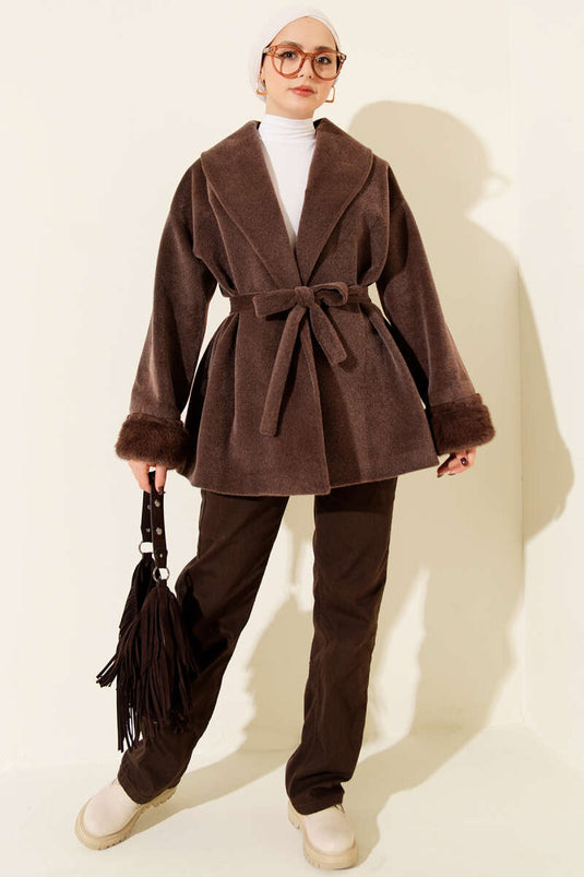 Goldfox Coat with Ankle Fur Belt, Brown