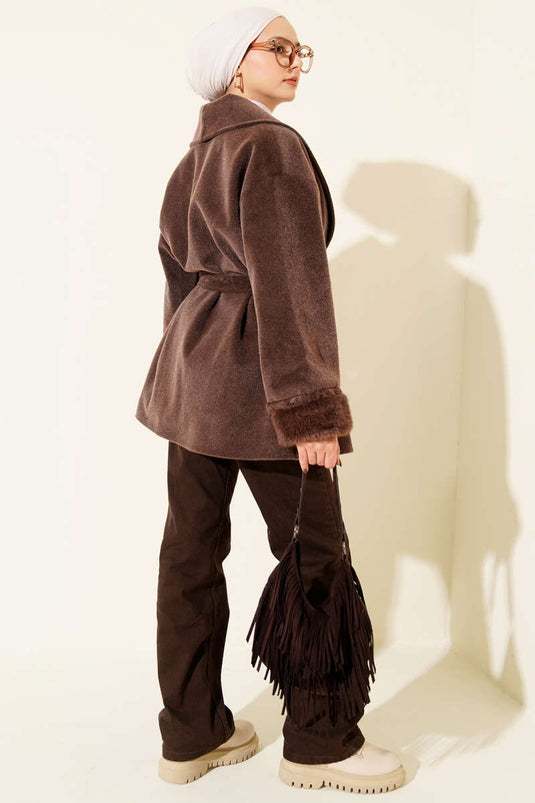 Goldfox Coat with Ankle Fur Belt, Brown