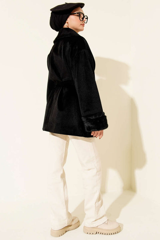 Goldfox Coat with Ankle Fur Belt, Black