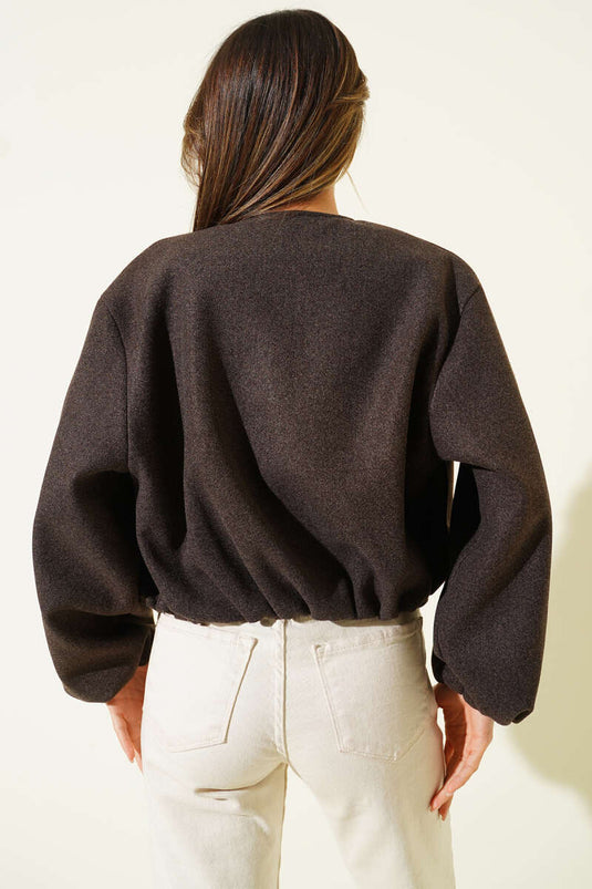 Bilek Lastik Detaylı Kısa Kaşe Ceket Acı Kahve