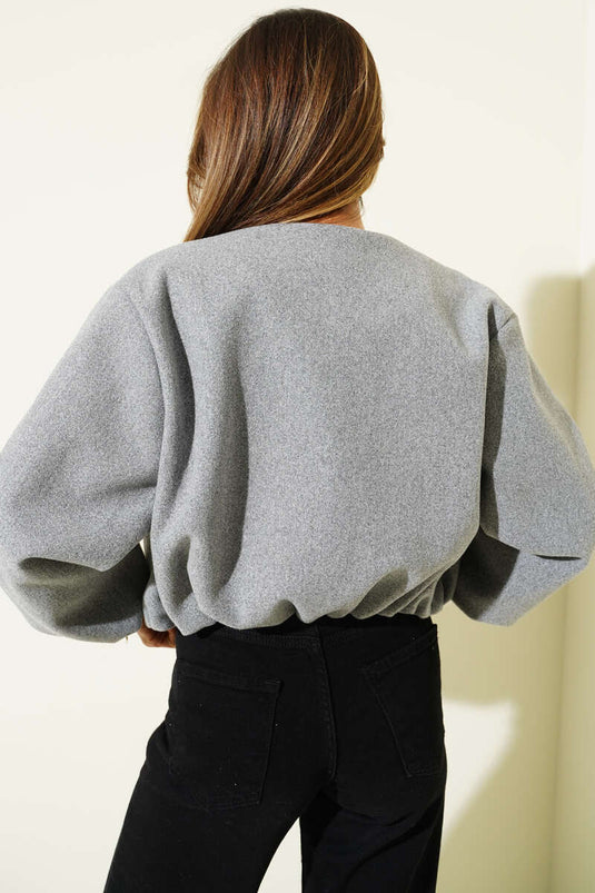 Bilek Lastik Detaylı Kısa Kaşe Ceket Gri