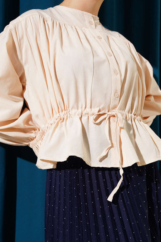 Bilek Lastikli Bel Tünelli Kısa Gömlek Bej