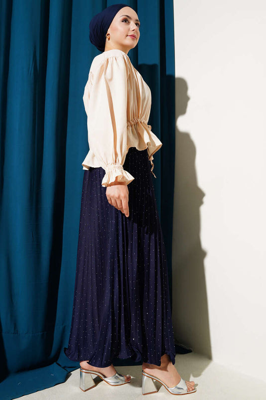 Bilek Lastikli Bel Tünelli Kısa Gömlek Bej