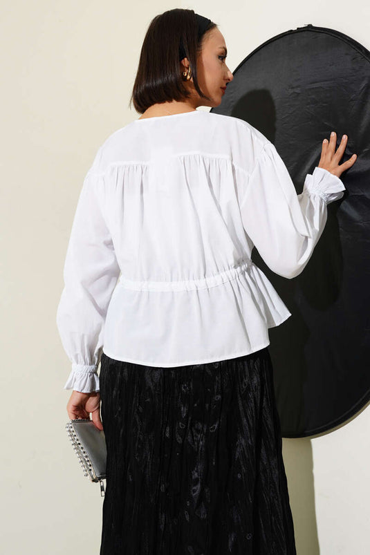 Bilek Lastikli Bel Tünelli Kısa Gömlek Beyaz