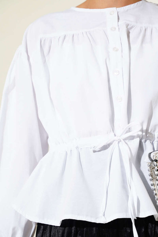 Bilek Lastikli Bel Tünelli Kısa Gömlek Beyaz