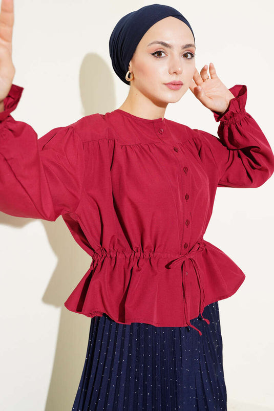 قميص قصير بخصر مطاطي باللون الأحمر الداكن