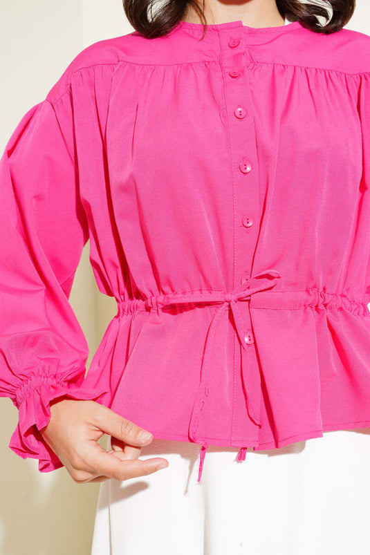 قميص قصير بخصر مطاطي بلون الفوشيا