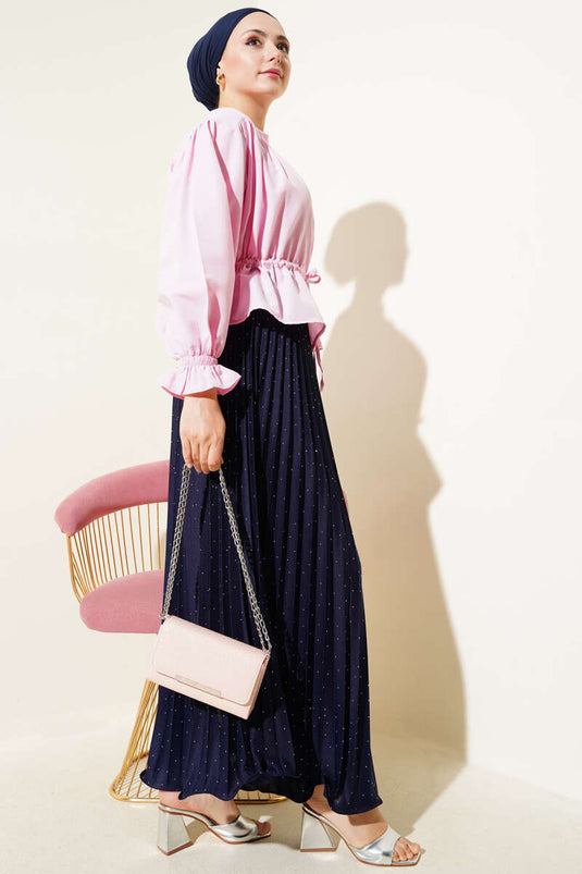 Bilek Lastikli Bel Tünelli Kısa Gömlek Pembe