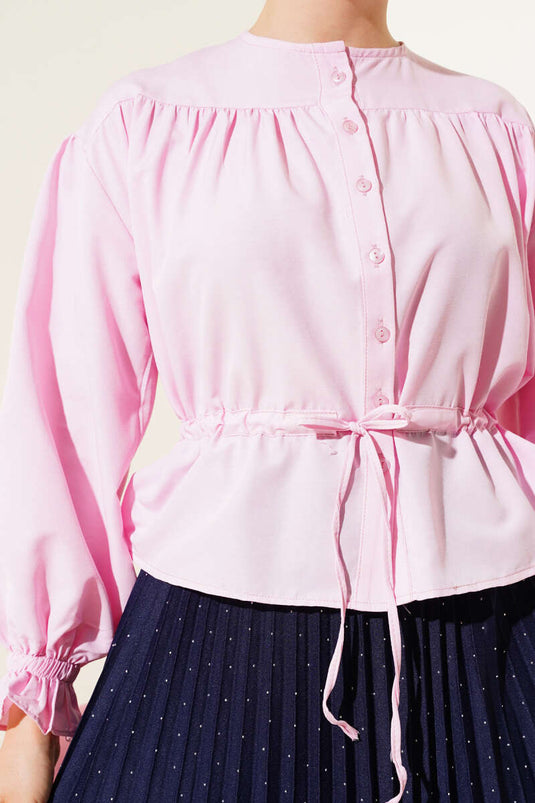 Bilek Lastikli Bel Tünelli Kısa Gömlek Pembe