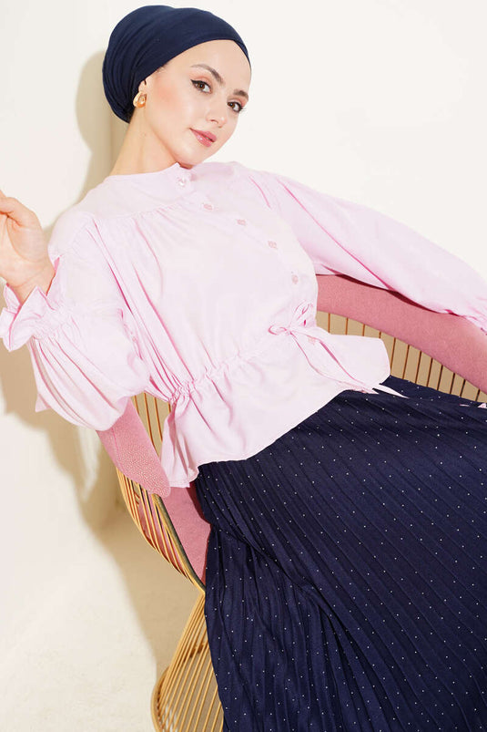 Bilek Lastikli Bel Tünelli Kısa Gömlek Pembe