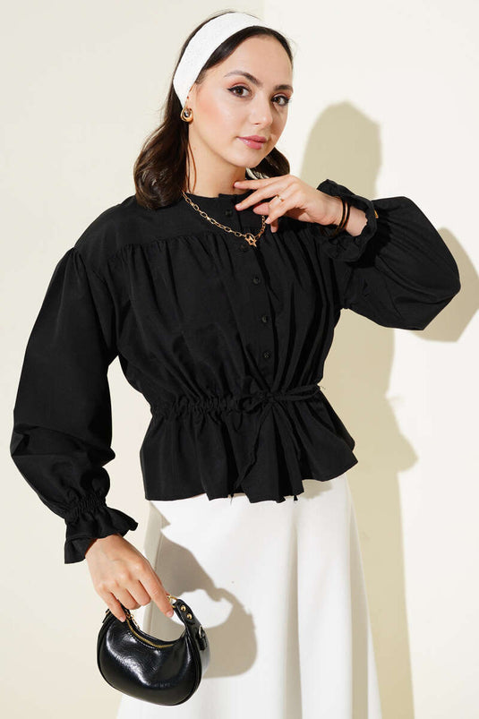 قميص قصير أسود بخصر مطاطي