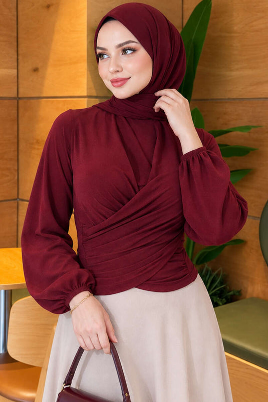 Burgundy Ruched Cross-Front Blouse With Elasticated Cuffs