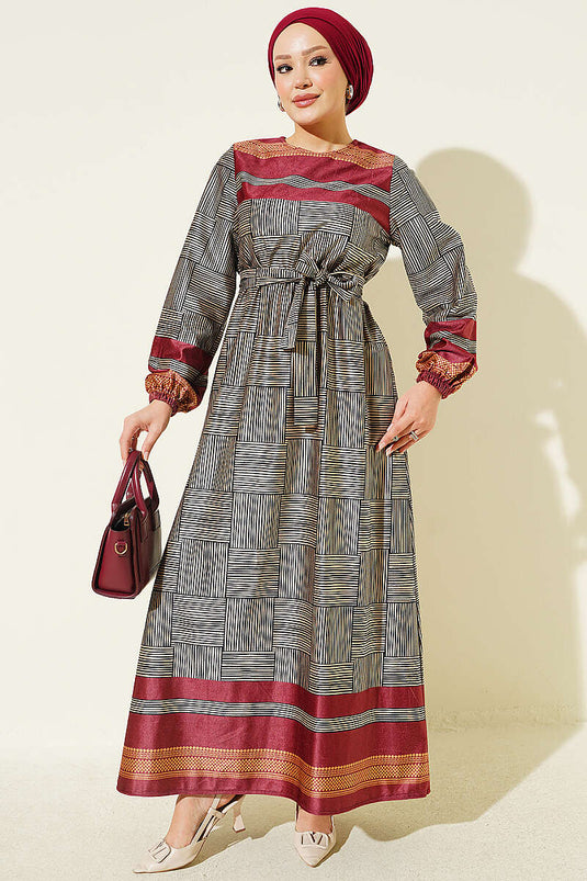 Bordeaux Musterkleid Mit Elastischen Bündchen