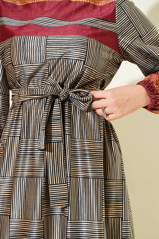 Bordeaux Musterkleid Mit Elastischen Bündchen