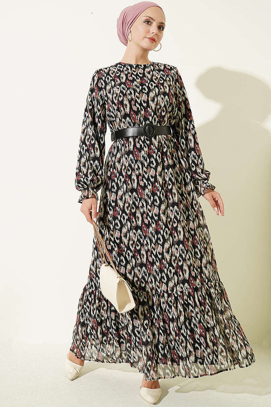 Beiges Musterkleid Mit Elastischen Bündchen