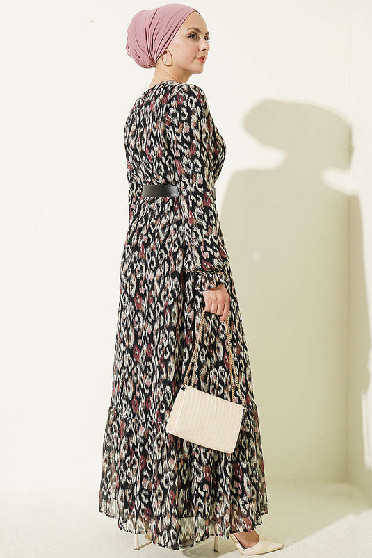 Beiges Musterkleid Mit Elastischen Bündchen