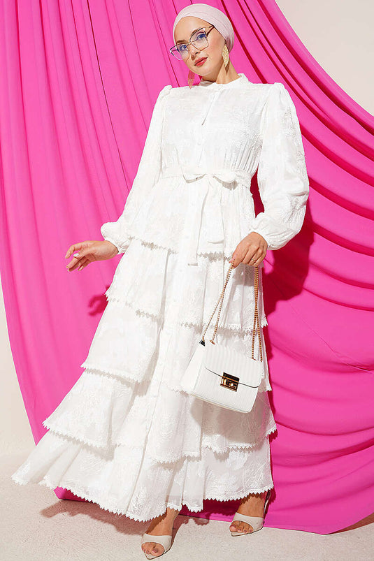 Vestido Largo Estampado Blanco Con Puños Elásticos