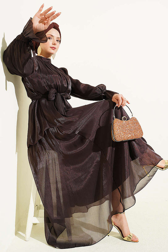 Two-Piece Evening Set with Elastic Wrist and Skirt in Dark Brown