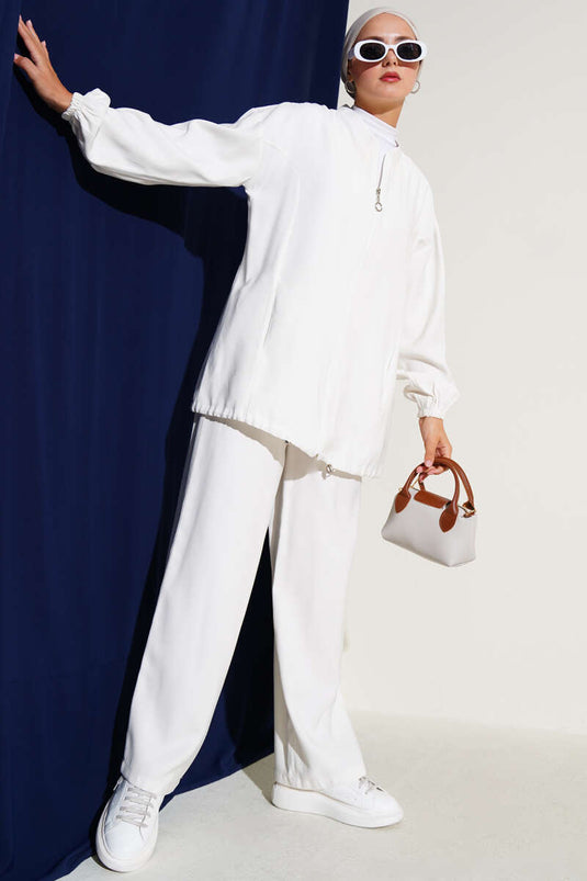 Ensemble deux pièces en Tencel avec élastique à la cheville et fermeture éclair, blanc