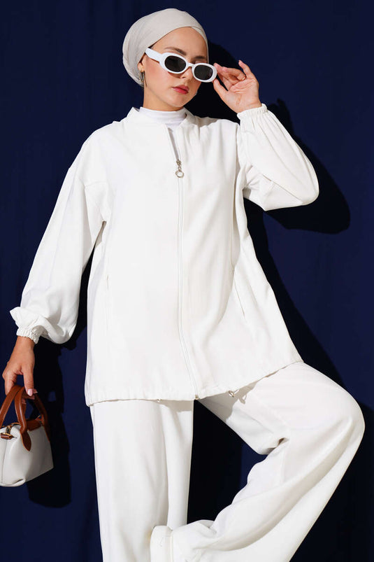 Ensemble deux pièces en Tencel avec élastique à la cheville et fermeture éclair, blanc