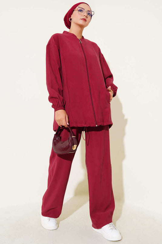 Bilek Lastikli Fermuarlı Tensel İkili Takım Bordo