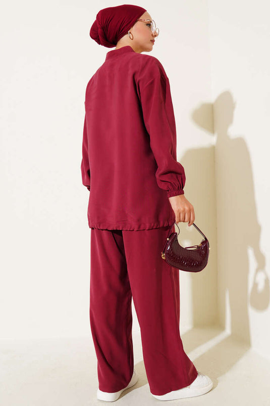 Bilek Lastikli Fermuarlı Tensel İkili Takım Bordo