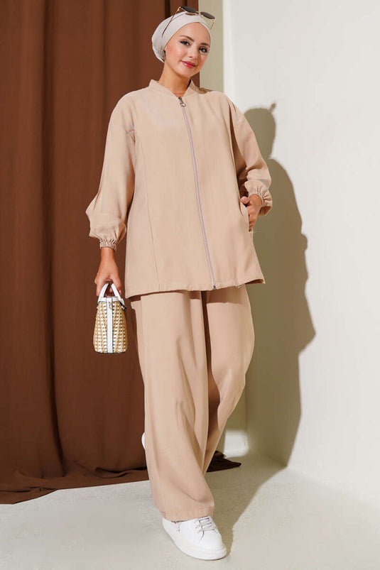 طقم من قطعتين من قماش تينسيل بسحاب معصم مطاطي لاتيه