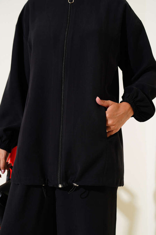 Elasticated Ankle Zippered Tencel Two Piece Set Black